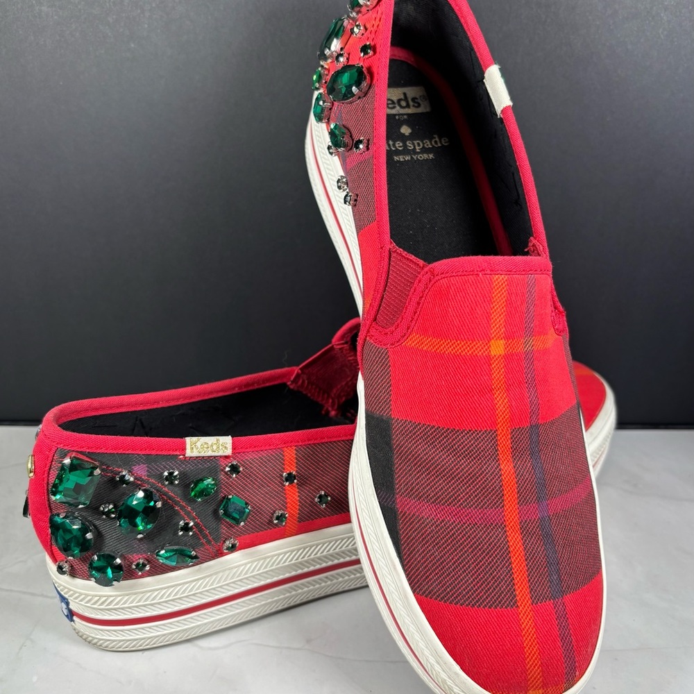 Kate Spade Red and Black Plaid Embellished Platform Ked Sneakers